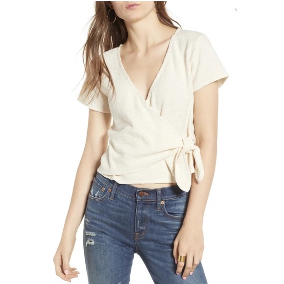Madewell Tops - Madewell Shirt Short Sleeve V-Neck Texture & Thread Wrap Tie Top M Off-White
